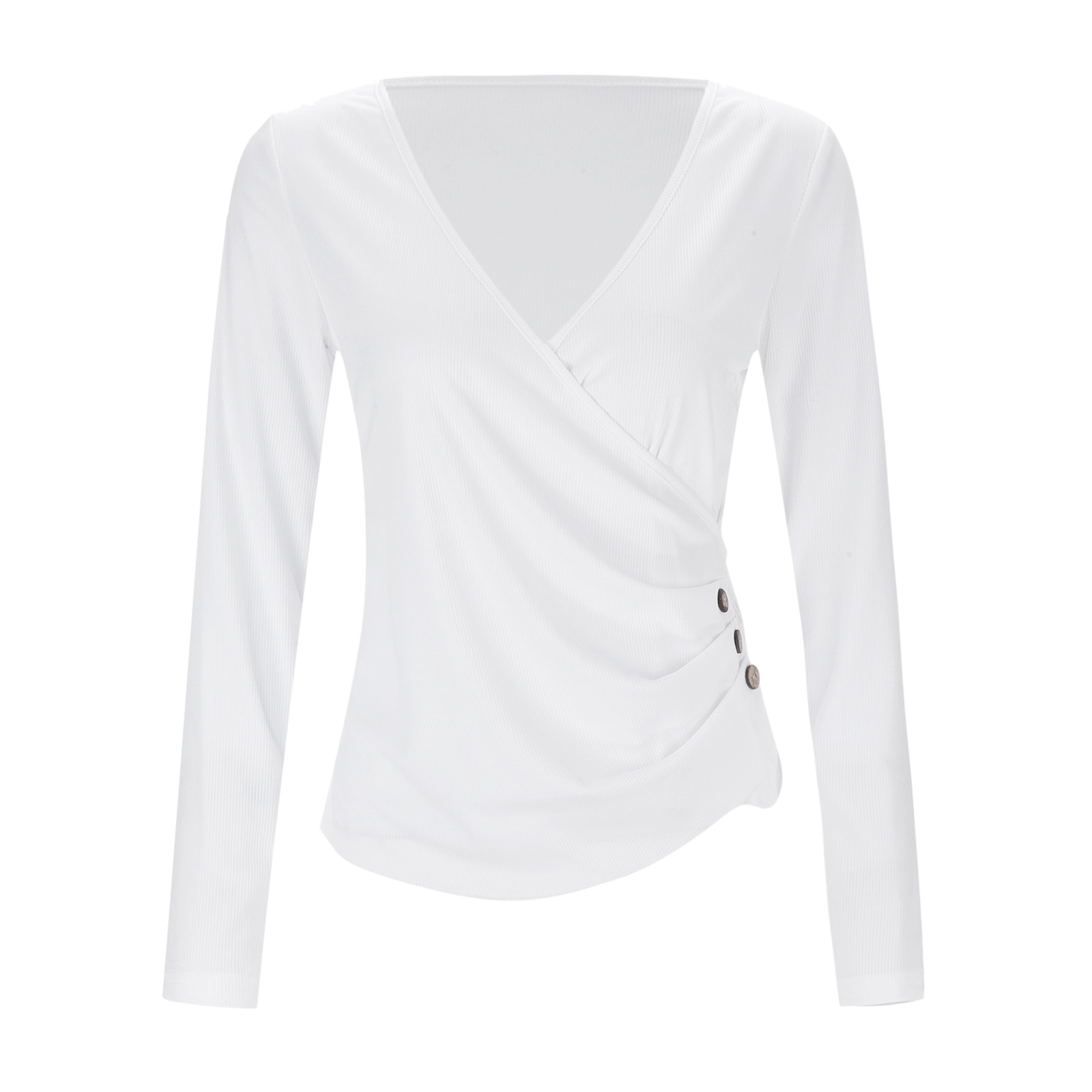 thumbnail image 4 of Top asimétrico con cuello en V y tres botones, manga larga, sexy y ajustado, blusa informal para mujer, 4 of 8